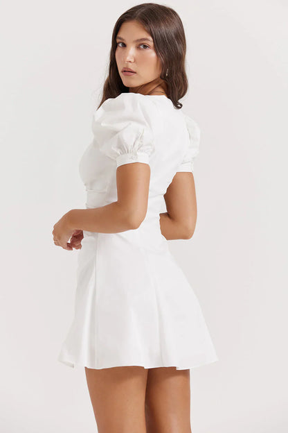 White Mini Dress with Puff Sleeves | Stylish & Feminine