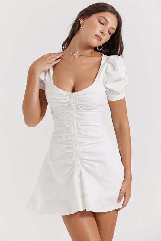 White Mini Dress with Puff Sleeves | Stylish & Feminine