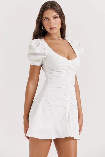 White Mini Dress with Puff Sleeves | Stylish & Feminine